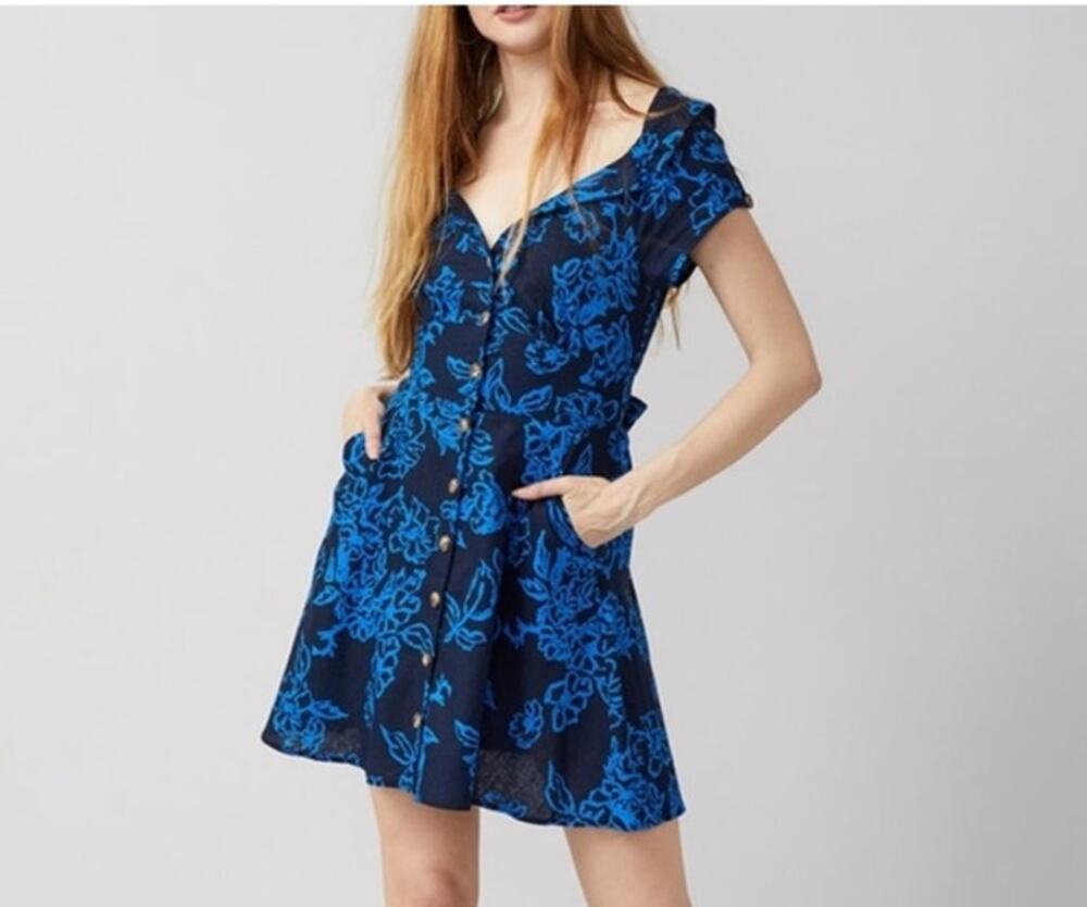 Free People Blue Floral A Thing Called Love Linen A Line Mini Dress NWT 2
